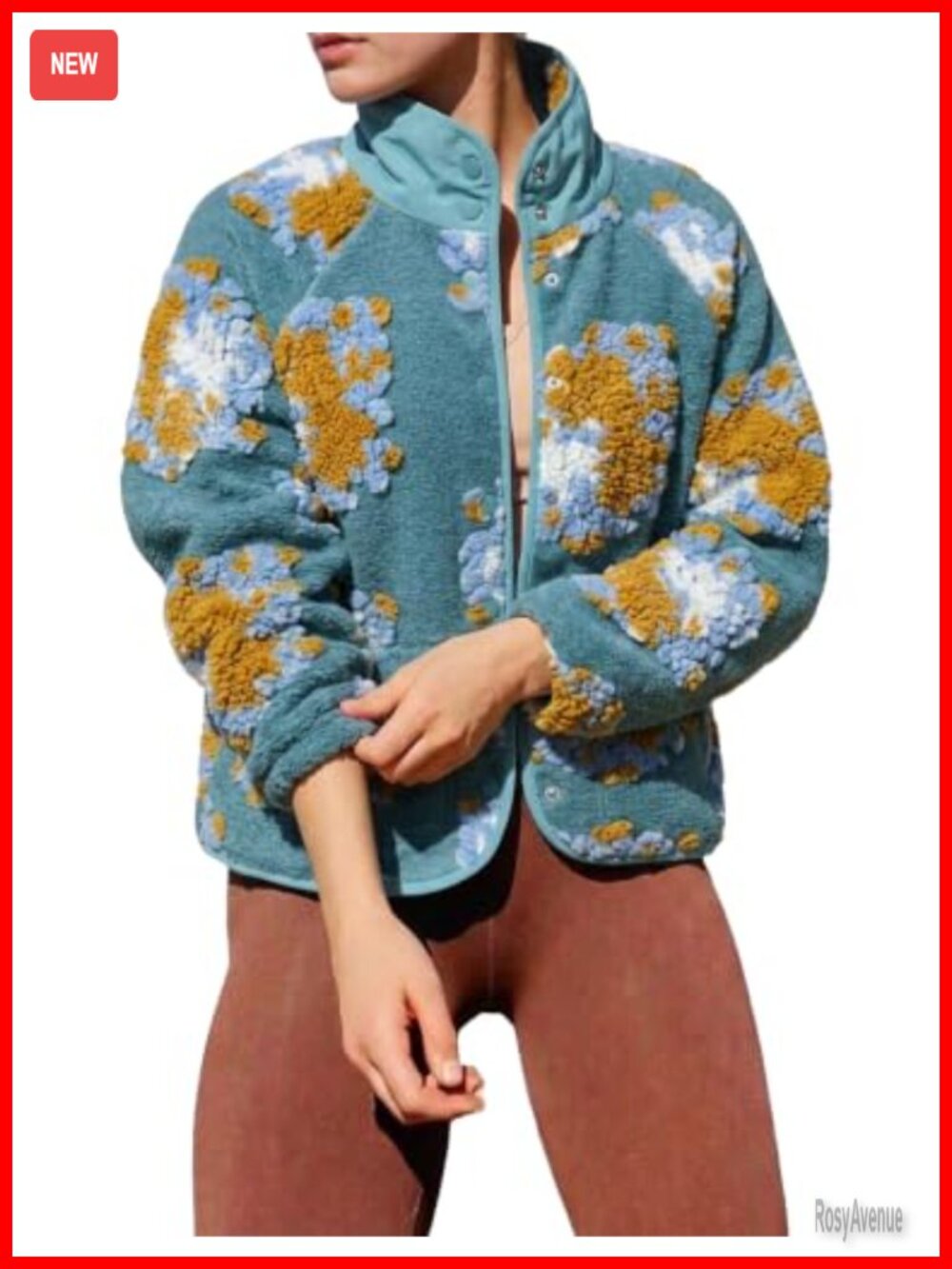 Floral Fleece Jacket Warm Sherpa Button Down Coat for Fall